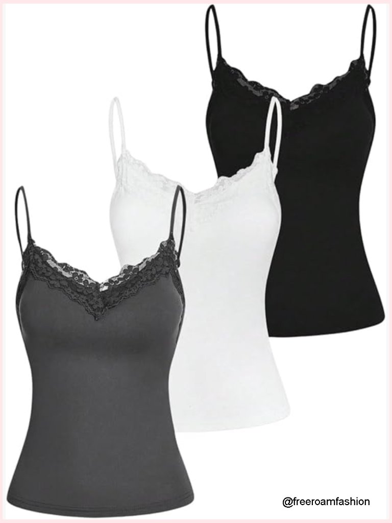 3-Pack Lace Trim Spaghetti Strap Camisole Tanks With Padded Bra